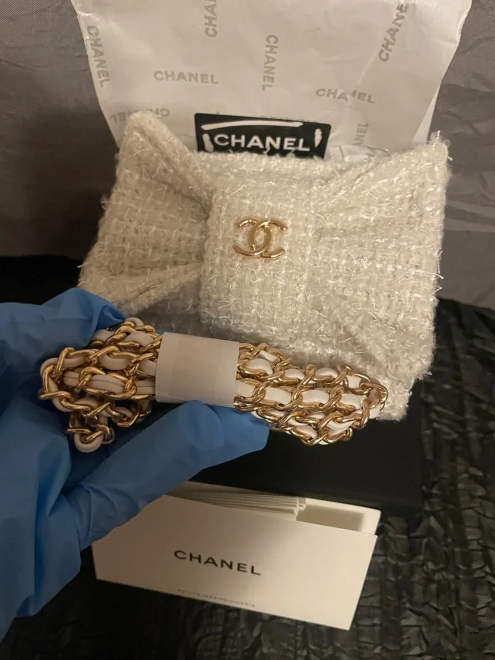 GWP Cream Tweed Mini Bow Crossbody with Gold Chain - Picture 4 of 17